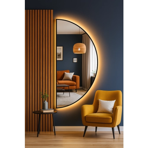 Lustro ECHO – nowoczesne lustro LED półokrągłe w czarnej ramie MDF | lustro dekoracyjne z podświetleniem | designerskie lustro ścienne do salonu, sypi